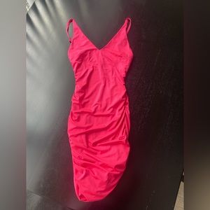 Hot Pink Bodycon Rouched Spaghetti Strap Dress- formal dress, pink
